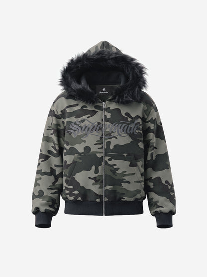 Fur Hood Cardigan Camouflage Set