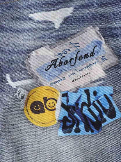 Washed Graffiti Patchwork Print Jeans 