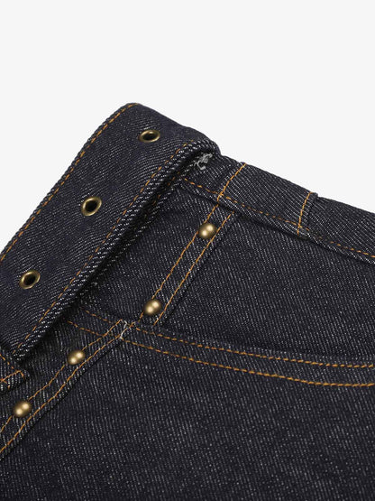 Thesupermade Raw Denim Rhinestone Turn-up Baggy Jeans