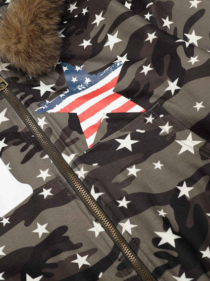 Camo Star Print Faux Fur Cropped Zip-Up Hoodie