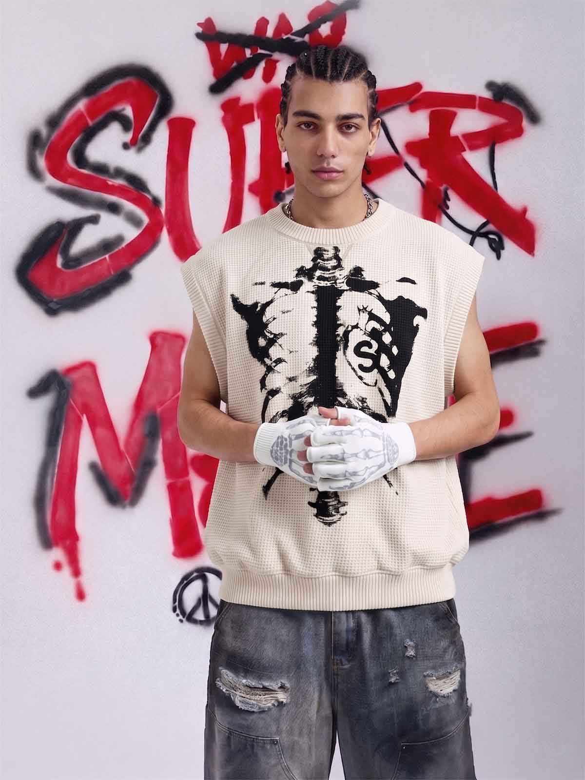 Skeleton Graphic Sleeveless Top and Pants Set - 2628 