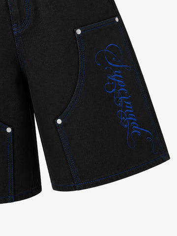 Black Utility Denim Shorts with Blue Embroidery