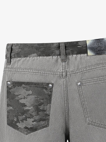 Light Grey Camo Wide-Leg Pants with Embroidered Detail