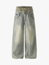 Y2K Double Waistband Leopard Print Wide Leg Jeans 
