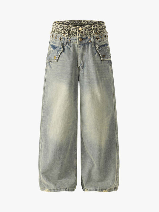 Y2K Double Waistband Leopard Print Wide Leg Jeans 