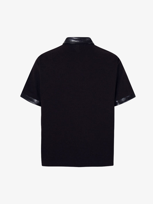 Gothic Text Print Leather Patchwork Polo T-Shirt 