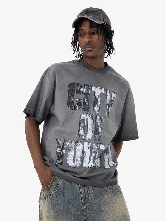 Vintage Gradient Spray Letter Print T-Shirt 