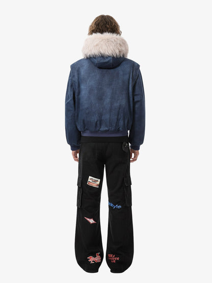 Washed Patchwork Contrast Bomber Jacket 