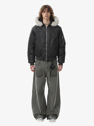 Washed Patchwork Contrast Bomber Jacket 