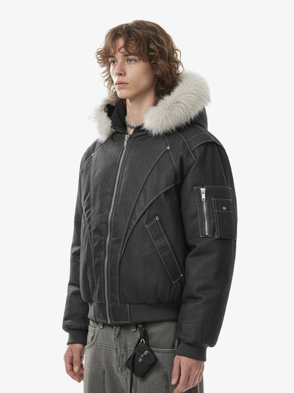 Washed Patchwork Contrast Bomber Jacket 