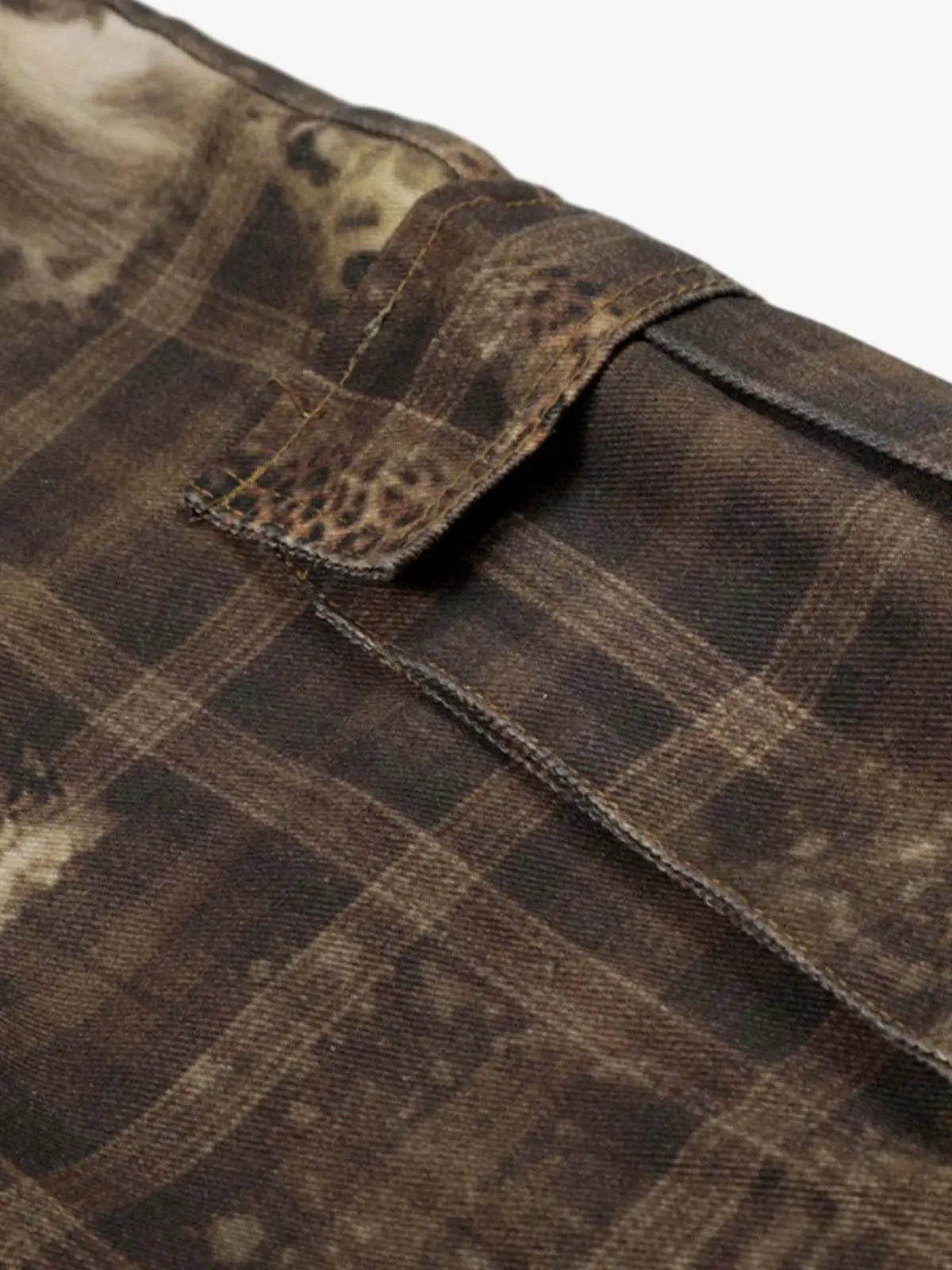 Plaid Leopard Print Cargo Barrel Jeans 