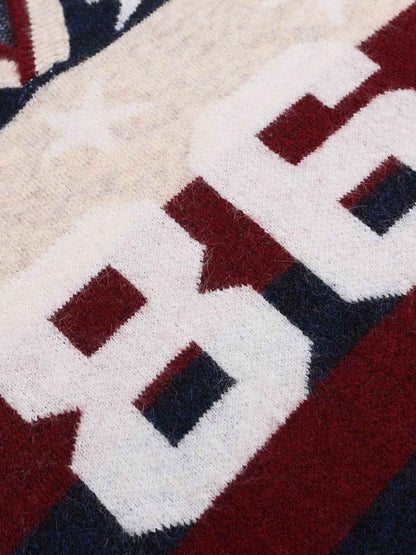 Retro Star Patchwork Striped V-Neck Polo Sweater 