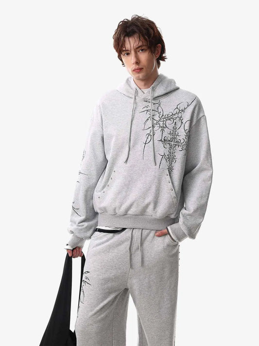 Floral Line Art Studded Pocket Hoodie 