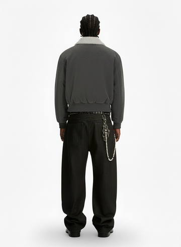 Utility Faux Shearling Collar Suede Look Zip Up Jacket 