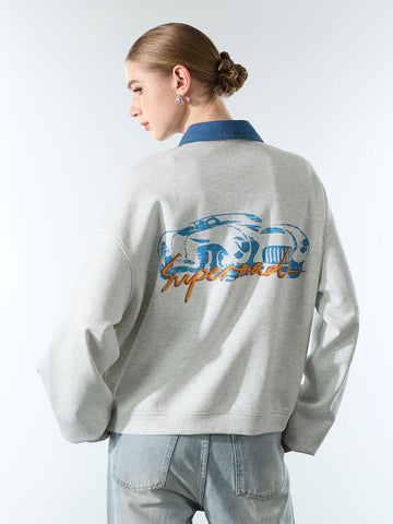 Original Denim Lapel Patchwork Sweatshirt 