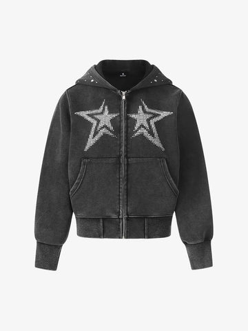 Vintage Washed Symmetrical Star Rhinestone Zip-Up Hoodie 