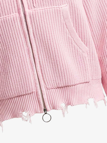 Pink Knit Fleece Zip-Up Hoodie with Embroidered Logo