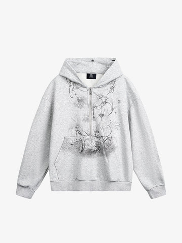 Detachable Fur Collar Printed Cardigan Half-Zip Hoodie 
