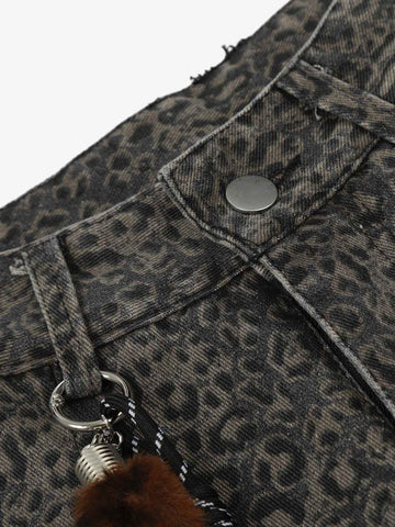 Leopard Pleated Wide Leg Denim Barrel Jeans 