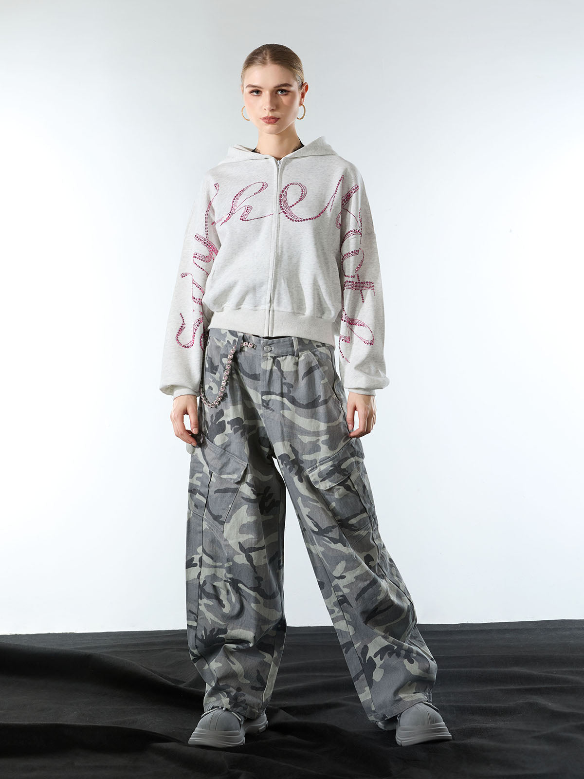 Street Hip-Hop Rhinestone Cropped Zip Up Hoodie 