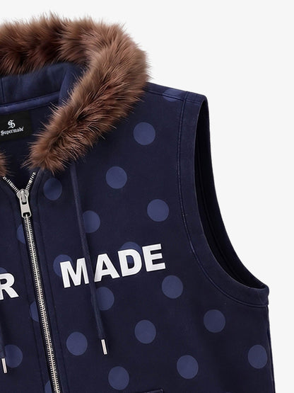 Faux Mink Fur Polka Dot Zip-up Hooded Vest