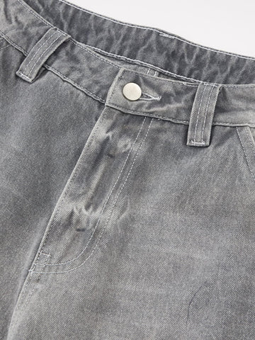 Retro Washed Distressed Curved Blade Wide-Leg Jeans 