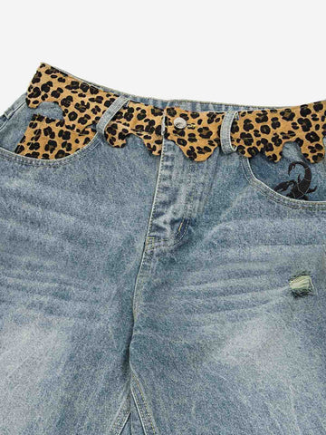 Vintage Leopard Panel Distressed Denim Shorts