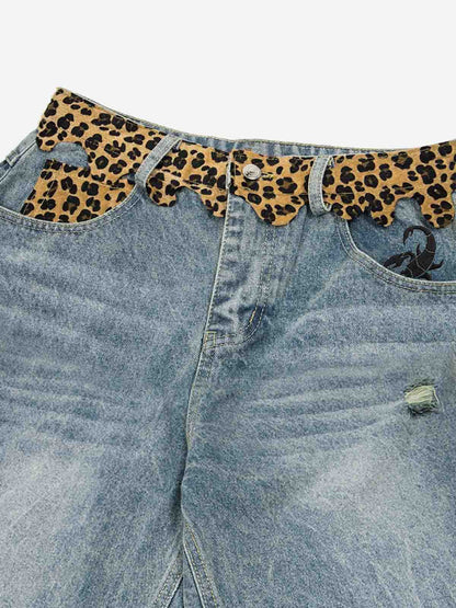 Vintage Leopard Panel Distressed Denim Shorts