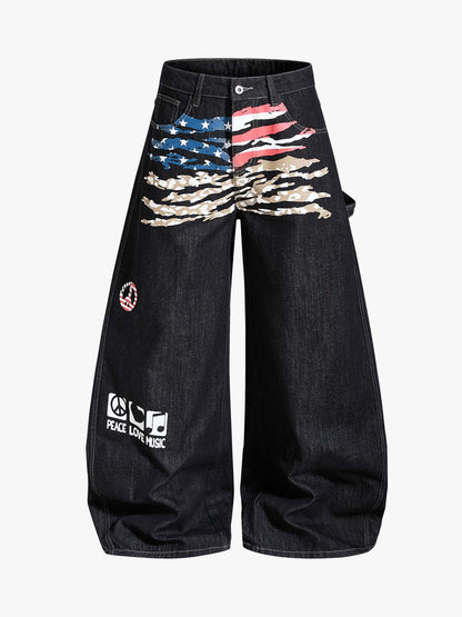 Thesupermade Flag Graffiti Raw Denim Baggy Jeans
