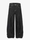 The Supermade Cotton Blend Washed Pleated Wide-leg Jeans With A Scorpion Logo Faux Embroidered Print Design. 