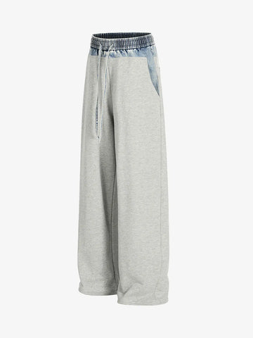 Vintage Wash Denim Waistband Patchwork Sweatpants 