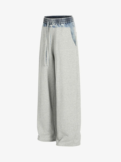 Vintage Wash Denim Waistband Patchwork Sweatpants 