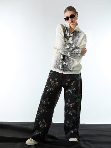 Street Dark Phantom Butterfly Stand-Collar Knit Cardigan Sweater 