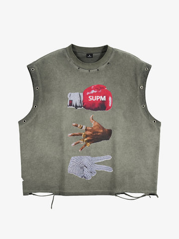 Washed Sleeveless Vest – Oversized Cotton Grommet Detail Drawstring Hem Streetwear