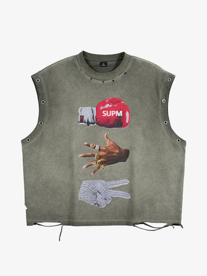 Washed Sleeveless Vest – Oversized Cotton Grommet Detail Drawstring Hem Streetwear