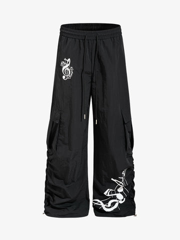 Music Note Print Baggy Nylon Cargo Pants 