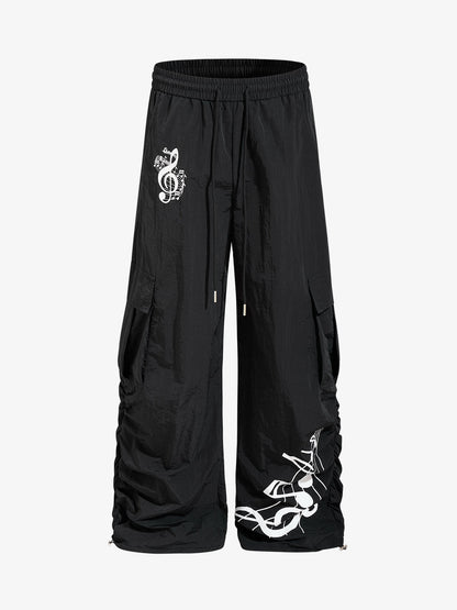 Music Note Print Baggy Nylon Cargo Pants 