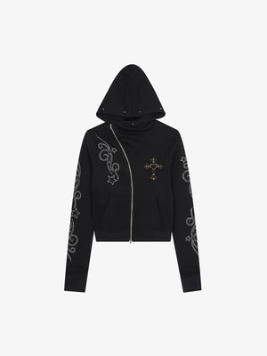 Rhinestone Asymmetrical Placket Zip-Up Hoodie
