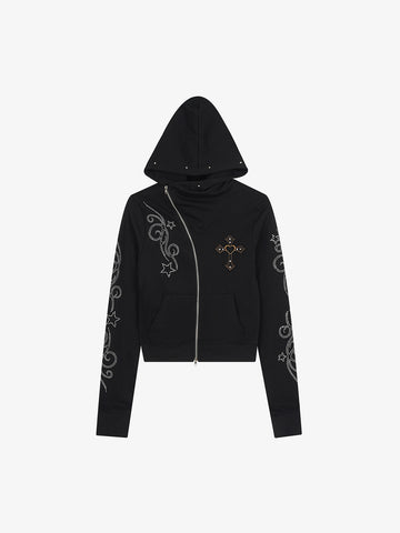 Rhinestone Asymmetrical Placket Zip-Up Hoodie