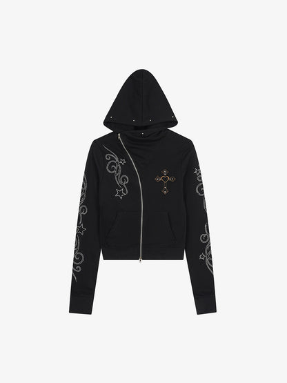 Rhinestone Asymmetrical Placket Zip-Up Hoodie