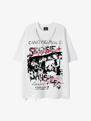 Dark Letter Graphic T-Shirt with Necklace Detail