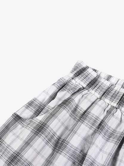 Plaid Wide-Leg Pants with Button-Front Waistband – Cotton Blend Relaxed Fit Casual Trousers
