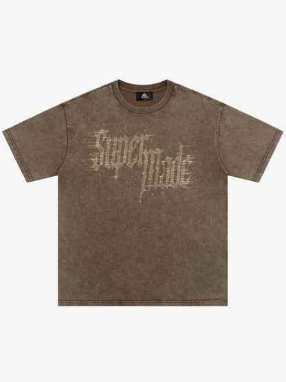 Washed Gothic Letter Imitation Diamond T-Shirt 