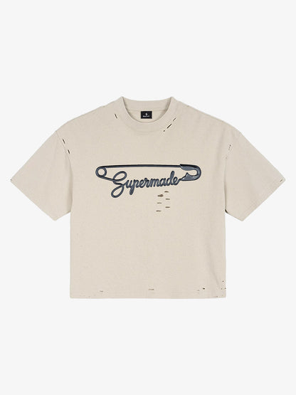 Distressed Safety Pin Cropped T-Shirt 