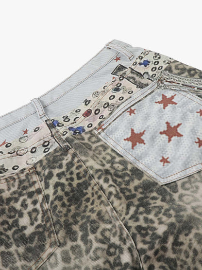 Charm Detail Leopard Denim Shorts