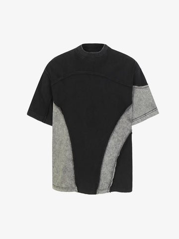 Washed Asymmetric Raw Edge Panel Knit T-Shirt 