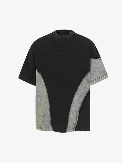 Washed Asymmetric Raw Edge Panel Knit T-Shirt 