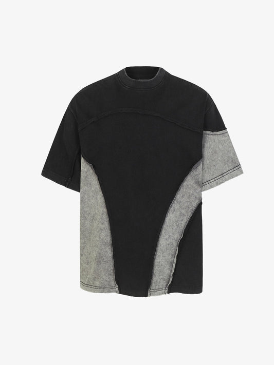 Washed Asymmetric Raw Edge Panel Knit T-Shirt 