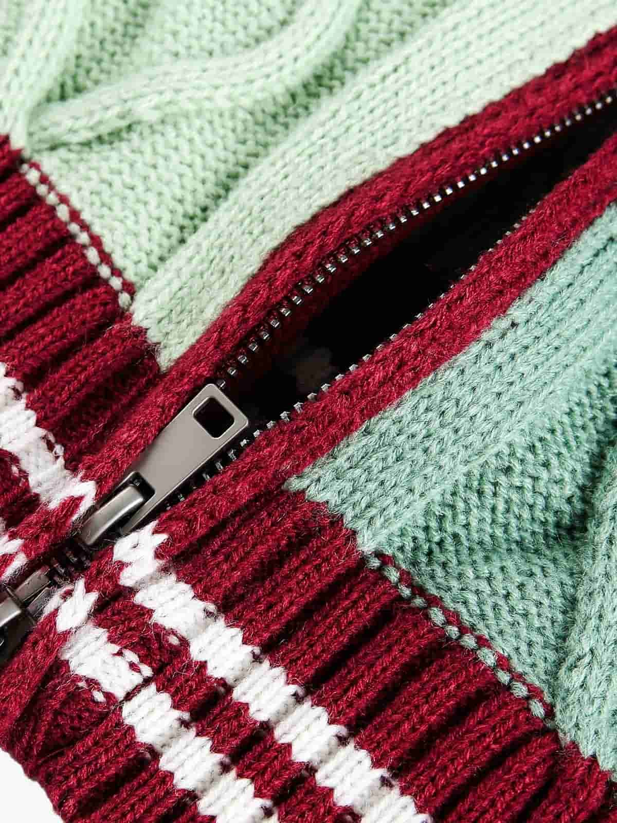 Retro Contrast Color High Neck Knitted Cardigan Sweater 