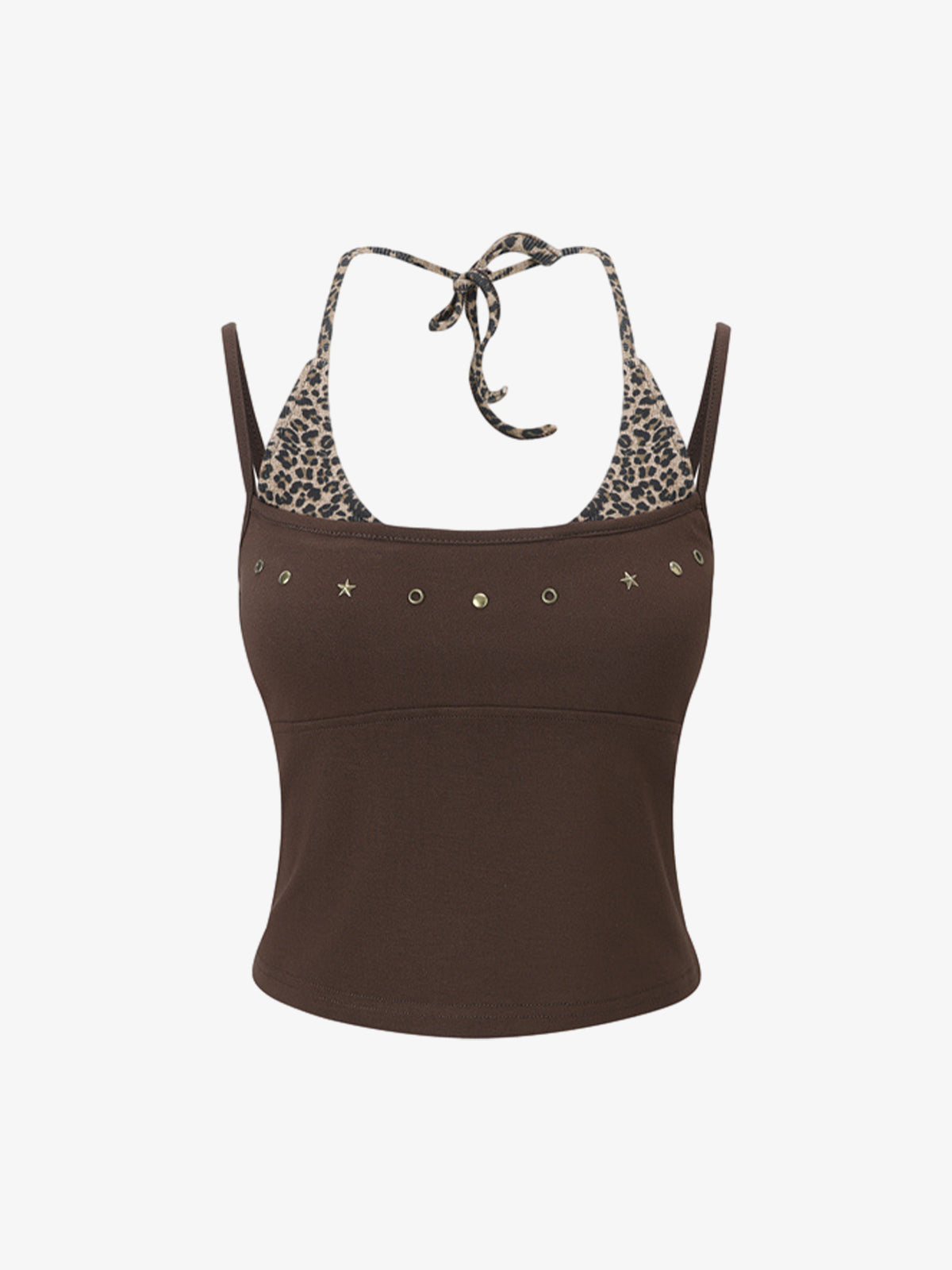 Leopard Print Halter Crop Top – Stretch Cotton with Gold Stud Detail